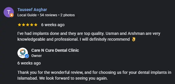 review for dental implants at care n cure dental clinic islamabad